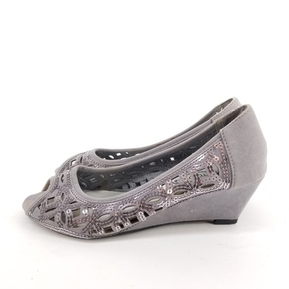 Tod's Gray Suede Cutout Sequin Peep-Toe Wedges